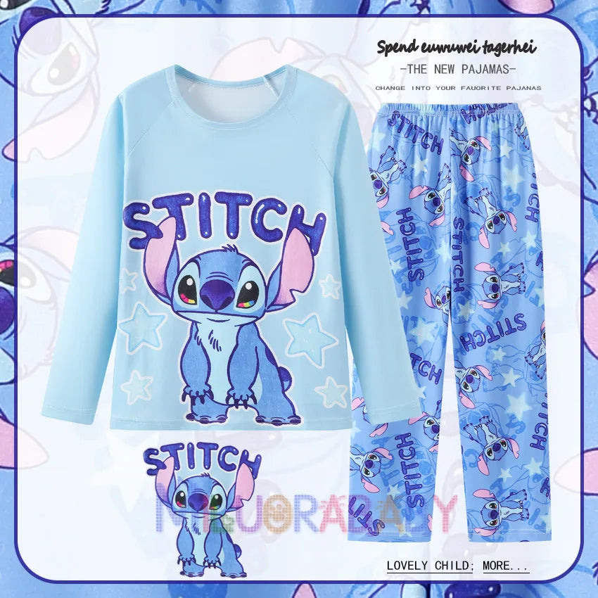 Pigiama per bambini dai 2 ai 14 anni, completo a maniche lunghe per primavera e autunno, set pigiama per bambini con motivo a cartoni animati Stitch, abbigliamento da casa comodo e casual per ragazzi e ragazze.