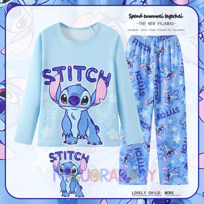 Pigiama per bambini dai 2 ai 14 anni, completo a maniche lunghe per primavera e autunno, set pigiama per bambini con motivo a cartoni animati Stitch, abbigliamento da casa comodo e casual per ragazzi e ragazze.