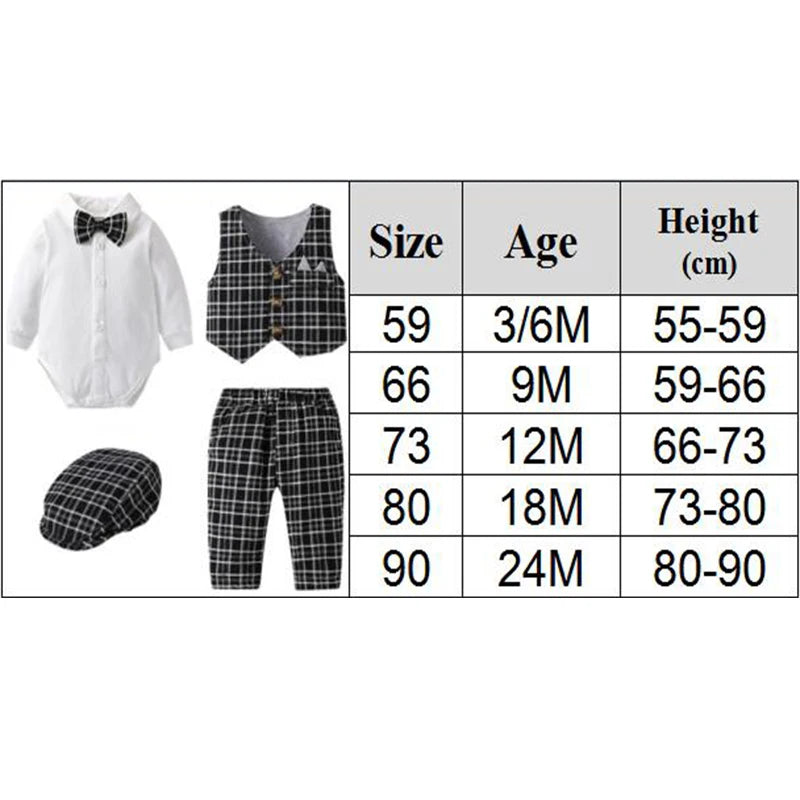 Abbigliamento da gentiluomo per neonati: gilet a quadri, cappello, pantaloni, body bianco, set da 7 pezzi per matrimonio, abito formale da boutique per neonato.