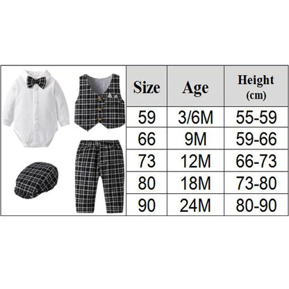 Abbigliamento da gentiluomo per neonati: gilet a quadri, cappello, pantaloni, body bianco, set da 7 pezzi per matrimonio, abito formale da boutique per neonato.