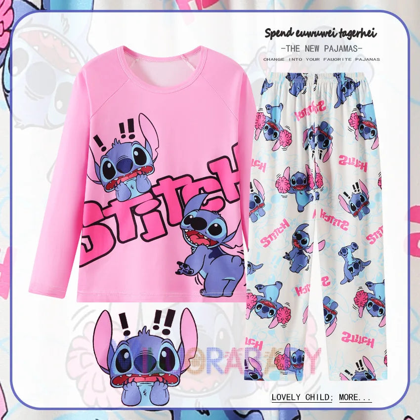 Pigiama per bambini dai 2 ai 14 anni, completo a maniche lunghe per primavera e autunno, set pigiama per bambini con motivo a cartoni animati Stitch, abbigliamento da casa comodo e casual per ragazzi e ragazze.