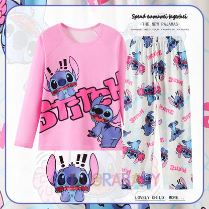 Pigiama per bambini dai 2 ai 14 anni, completo a maniche lunghe per primavera e autunno, set pigiama per bambini con motivo a cartoni animati Stitch, abbigliamento da casa comodo e casual per ragazzi e ragazze.
