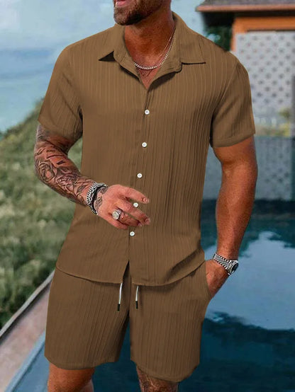 Completo estivo da uomo europeo e americano, casual, ampio, con camicia e pantaloncini, ad asciugatura rapida e traspirante, perfetto per le vacanze.
