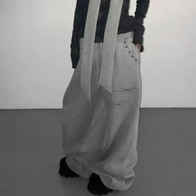 Black Gothic Casual Sweatpants American Hip-Hop Retro Rivets Loose Wide-Leg Pants For Women Korean Jogging High-Waist Streetwear