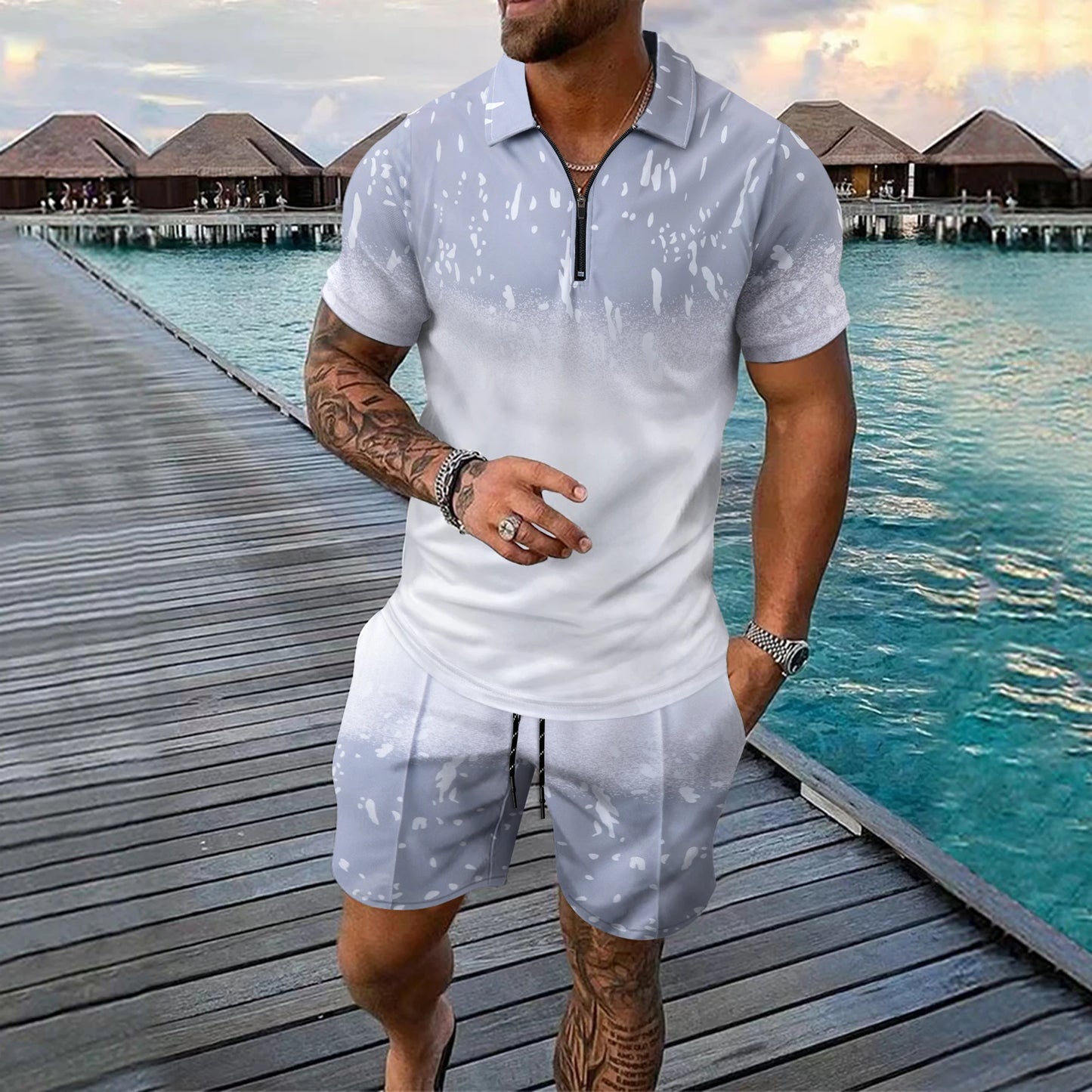 Interessante set da uomo a maniche corte con stampa a quadri 3D, camicia polo con cerniera alla moda, completo estivo ampio, set di t-shirt Ropa Hombre
