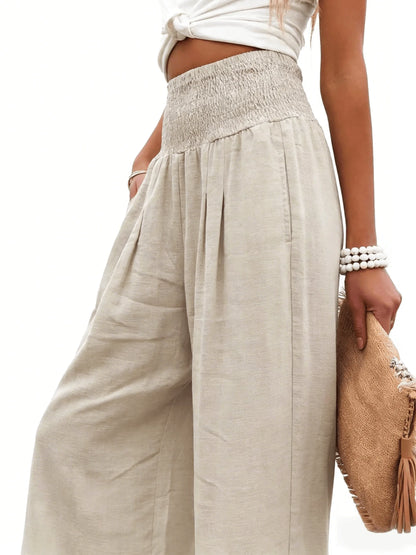 Women's Beige Waist Wide Leg Pants Smocked High Waist Pockets Loose Fit Casual Trousers Spring Summer Boho Beach Vacation Pants