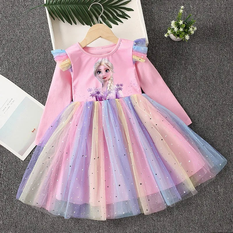Nuovo vestito da principessa per bambine, vestito a maniche lunghe per feste, vestito di Elsa di Frozen, vestito per bambini primavera autunno 2-9 anni