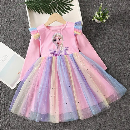 Nuovo vestito da principessa per bambine, vestito a maniche lunghe per feste, vestito di Elsa di Frozen, vestito per bambini primavera autunno 2-9 anni