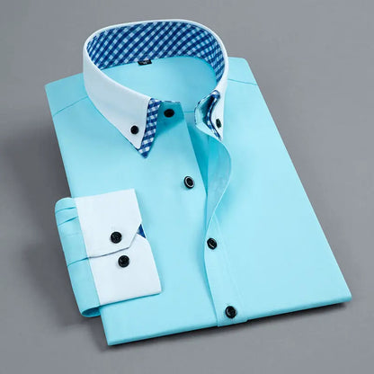 Camicia da uomo a maniche lunghe, non stirabile, a doppio strato, formale, vestibilità regolare, da ufficio, alla moda, bianca e blu.