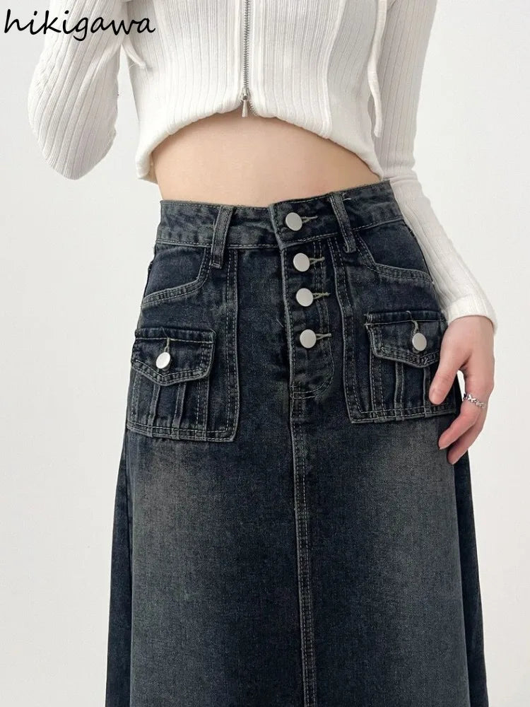 Streetwear Y2k Skirt for Women 2025 Ropa Mujer High Waist A-line Vintage Jupe Fashion Casual Korean Saia Long Denim Skirts 7n185