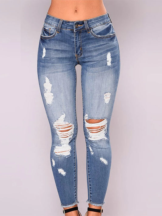 Jeans da donna strappati, aderenti, a vita bassa, skinny, con cerniera e tasche, pantaloni in denim blu da donna, modello Y2K 2026, estivi, con buchi e cropped.