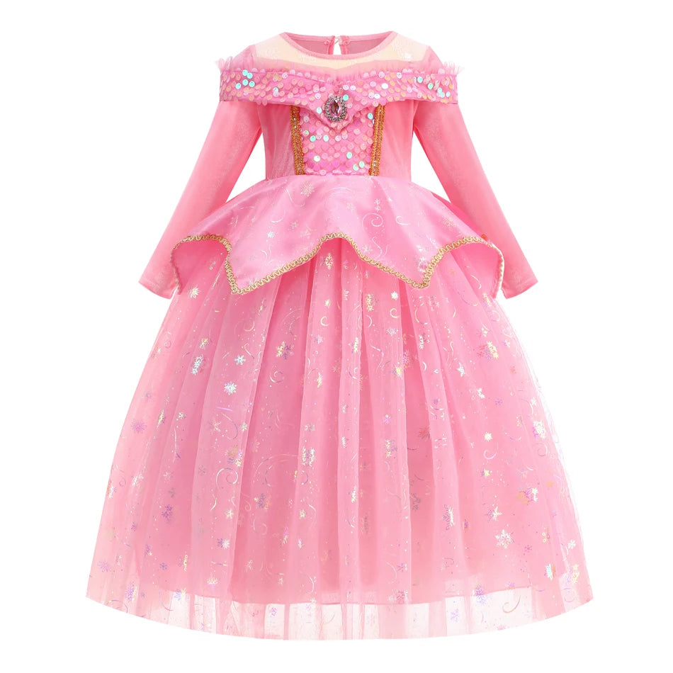 Costumi di Halloween per bambine, abiti da festa rosa per bambine, abito da principessa Aurora, costume cosplay della Bella Addormentata, set di travestimenti fantasy.