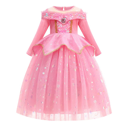 Costumi di Halloween per bambine, abiti da festa rosa per bambine, abito da principessa Aurora, costume cosplay della Bella Addormentata, set di travestimenti fantasy.