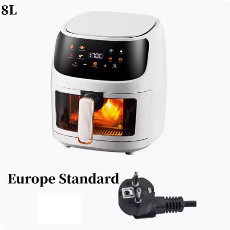 Nuova friggitrice ad aria ad alta capacità in acciaio inossidabile da 8 litri, forno elettrico domestico visivo, multifunzionale, senza olio, per la casa, nero, bianco e verde
