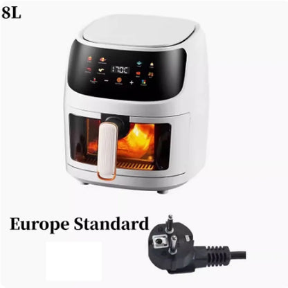Nuova friggitrice ad aria ad alta capacità in acciaio inossidabile da 8 litri, forno elettrico domestico visivo, multifunzionale, senza olio, per la casa, nero, bianco e verde