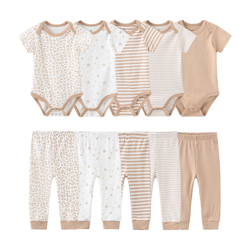 Abbigliamento unisex per neonati in cotone, 6/9/10 pezzi, body e pantaloni, maniche corte, per neonati maschietti.