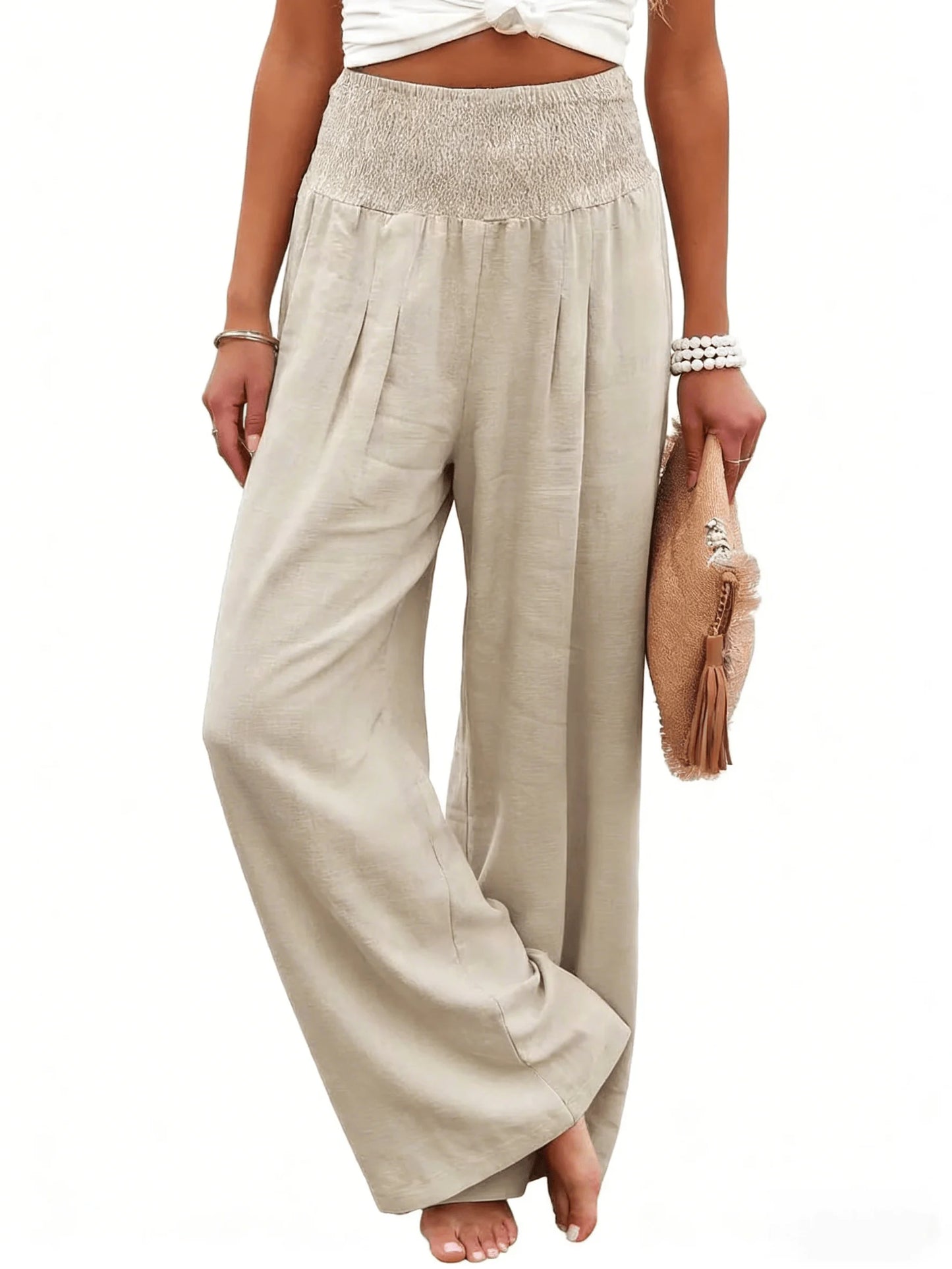 Women's Beige Waist Wide Leg Pants Smocked High Waist Pockets Loose Fit Casual Trousers Spring Summer Boho Beach Vacation Pants