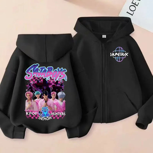 Felpa con zip stampata HUNTRX con la boy band coreana SajaBoys, cardigan con cappuccio alla moda KPOP Demon Hunters.