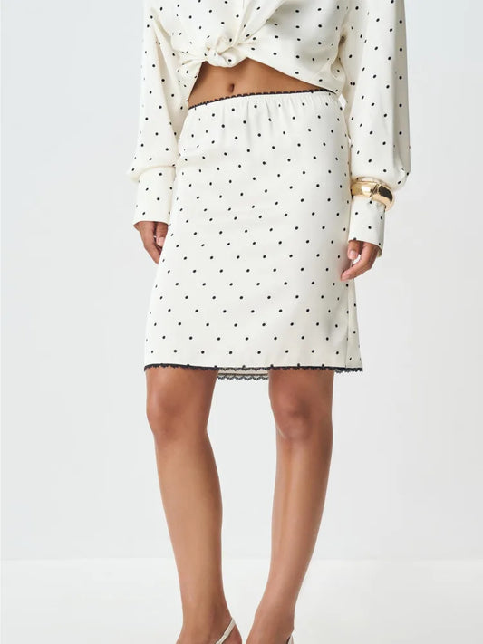 Articat Fashion Satin Polka Dot Print Bodycon Skirt Women Sexy Tight Zipper Lace Trim Half Skirt Autumn New Office Streetwear