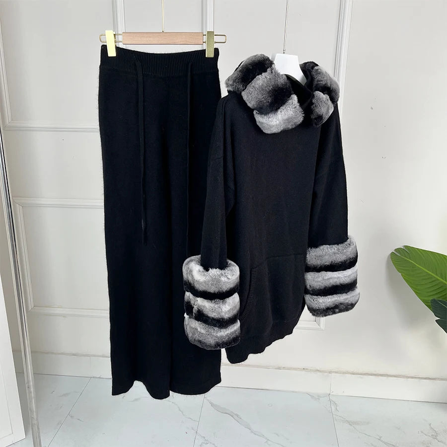 Maglione in cashmere da donna con polsini in vera pelliccia di coniglio, abito invernale caldo in lana, maglione di lusso in pelliccia di coniglio naturale