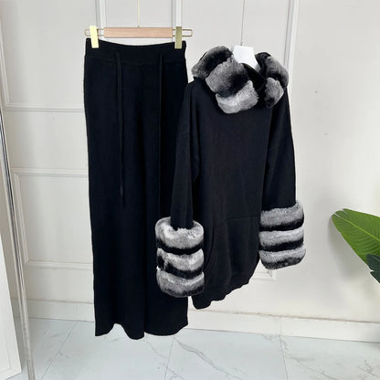 Maglione in cashmere da donna con polsini in vera pelliccia di coniglio, abito invernale caldo in lana, maglione di lusso in pelliccia di coniglio naturale