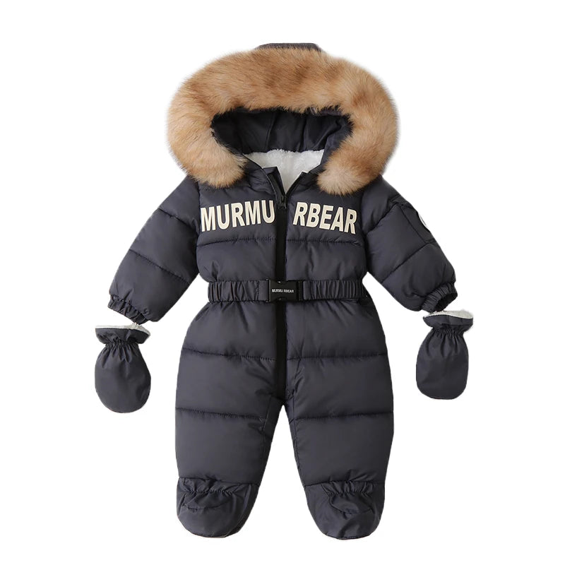 Tutina invernale per neonati, abbigliamento per neonati imbottito, tutina calda in velluto con guanti e cappuccio, tuta da neve per neonati.