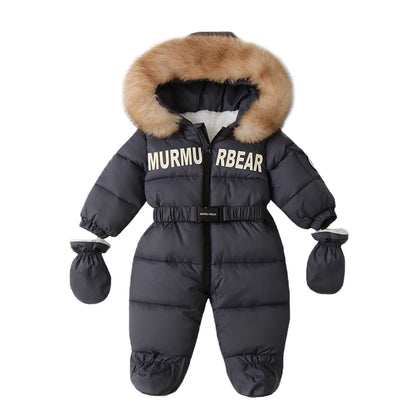 Tutina invernale per neonati, abbigliamento per neonati imbottito, tutina calda in velluto con guanti e cappuccio, tuta da neve per neonati.