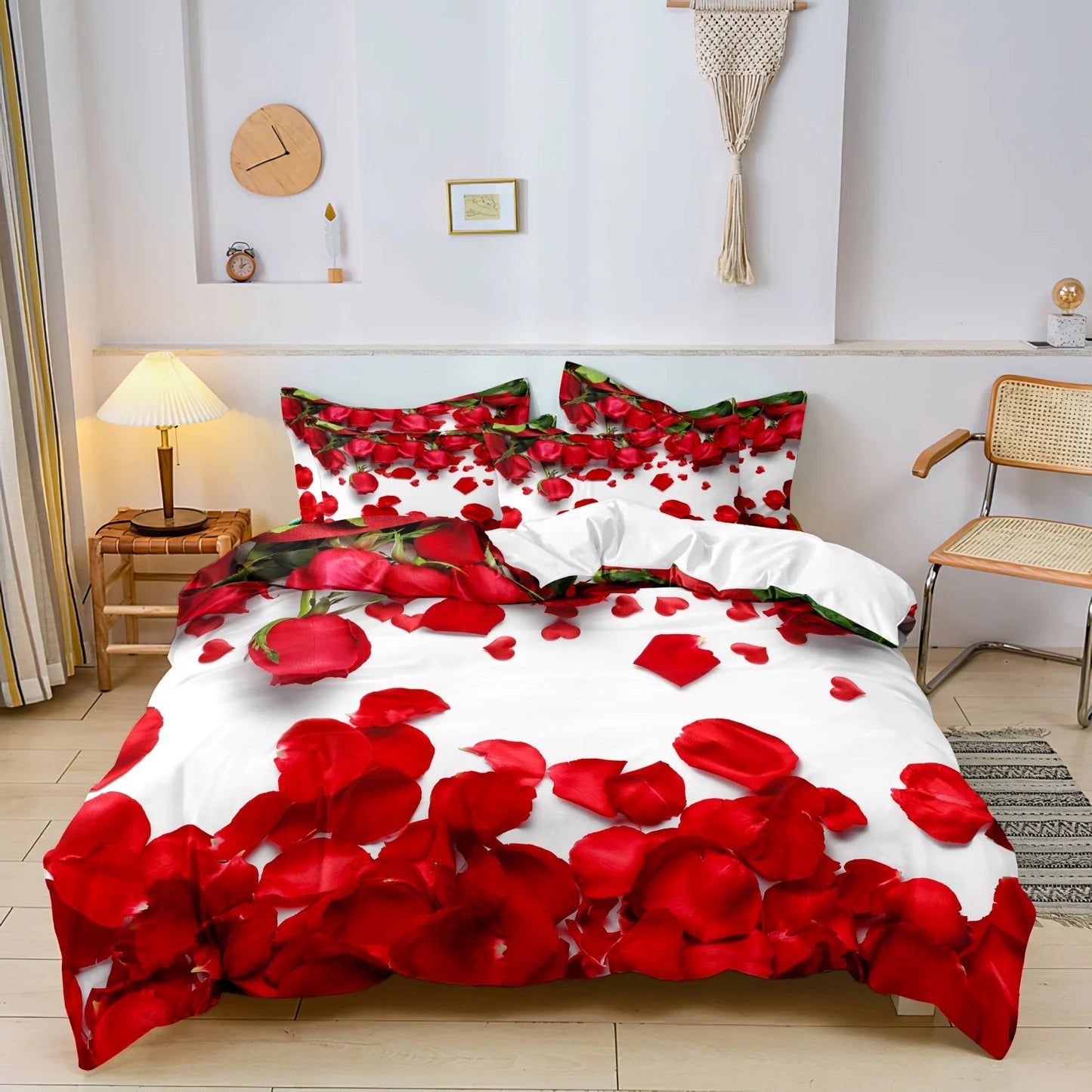 Set copripiumino da 3 pezzi con motivo romantico di rose e lettere a tema amore per San Valentino, adatto per camera da letto e camera degli ospiti.