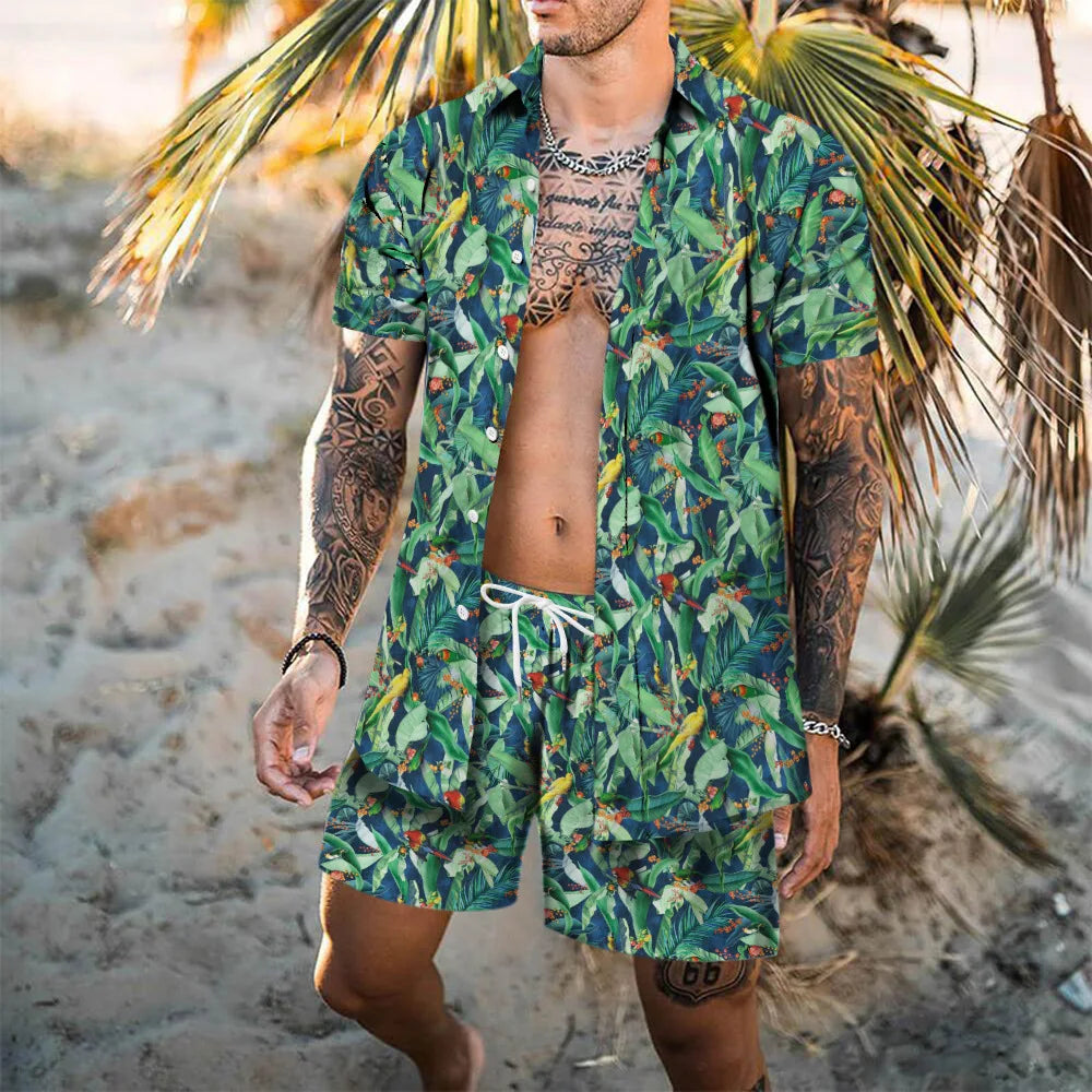 Completo da spiaggia hawaiano da uomo, 2 pezzi: camicia con stampa 3D, maniche corte, pantaloncini da spiaggia, camicia casual, set due pezzi alla moda per le vacanze.