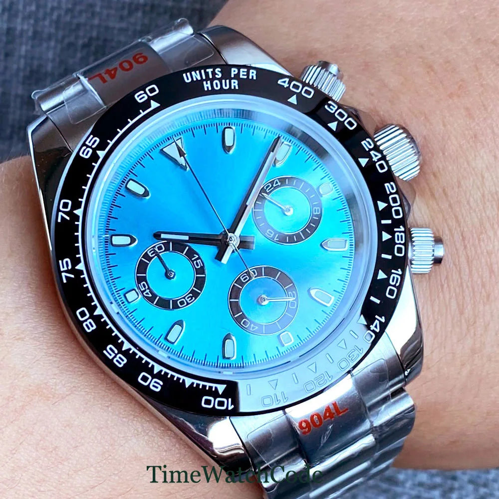Orologio cronometro Tandorio da uomo, 39 mm, movimento al quarzo VK63, quadrante grigio, vetro zaffiro, cronografo completo, bracciale in acciaio inossidabile 316L, cinturino in gomma.