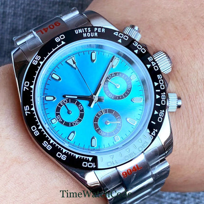 Orologio cronometro Tandorio da uomo, 39 mm, movimento al quarzo VK63, quadrante grigio, vetro zaffiro, cronografo completo, bracciale in acciaio inossidabile 316L, cinturino in gomma.