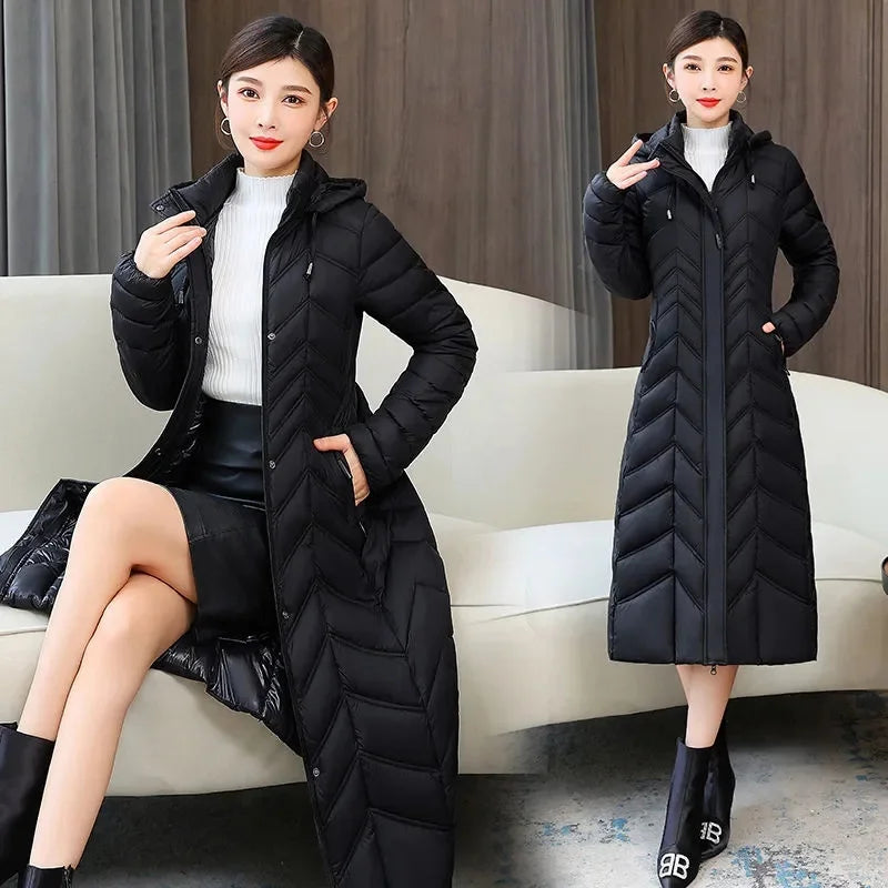 Women 2023 New Winter Long Plaid Parkas Loose Thicken Warm Hooded Coats Casual Zip Up Windproof Black White Down Jackets