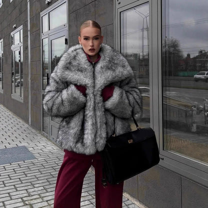 Faux Fox Fur Coats Women Jackets Color Block Turn Down Collar Long Sleeves Loose Fit Open Stitch Thick Casual 2025 Autumn Winter