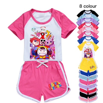 Abbigliamento per ragazzi: fantastico pigiama estivo digitale a tema circo con maglietta a maniche corte in cotone e pantaloncini, costume sportivo per ragazze 2896