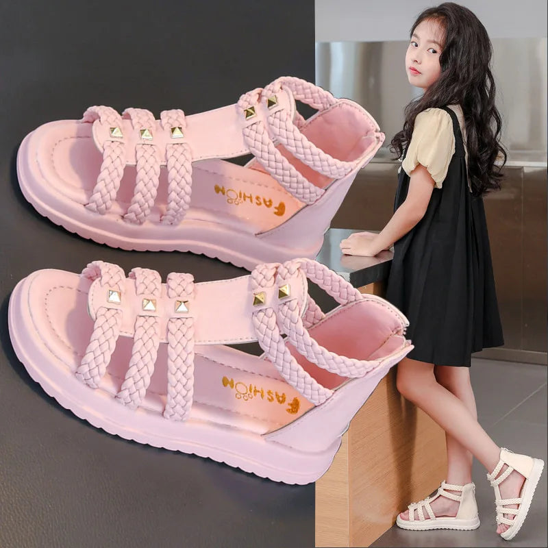 Sandali estivi per bambine 2025, nuovi sandali gladiatore casual in stile coreano, morbidi in PU antiscivolo, con trama a intreccio, stile principessa.