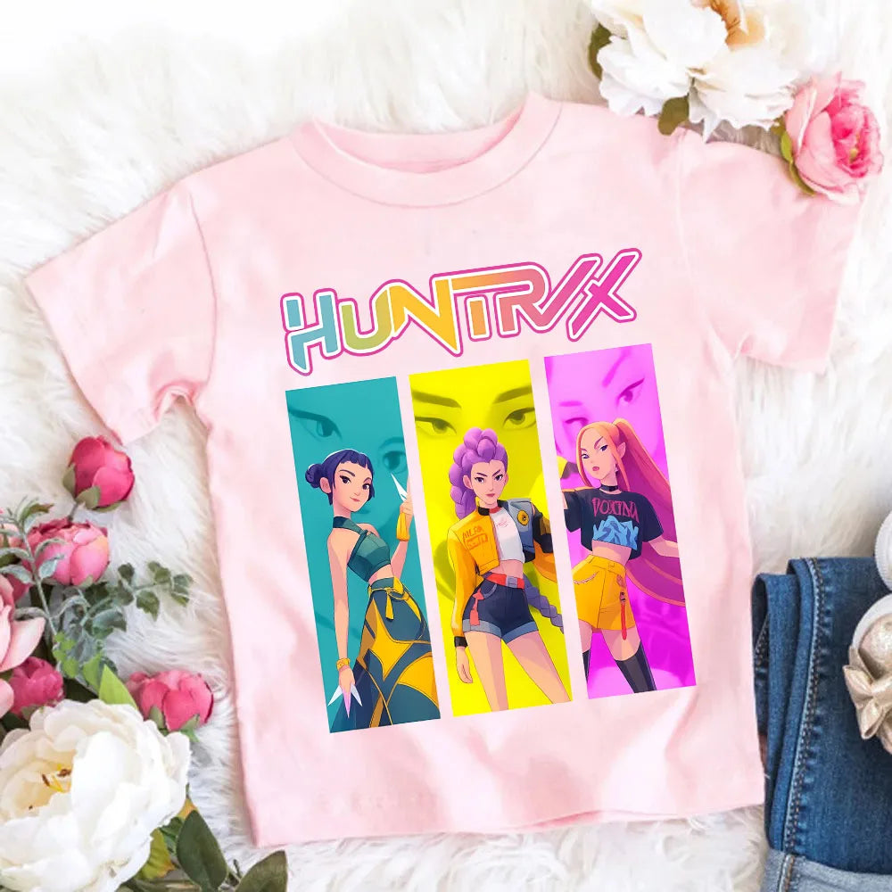 2026 Maglietta per bambine in morbido cotone con stampa del film KPop Demon Hunters - Regali per i fan - Abbigliamento per bambini - Top casual alla moda