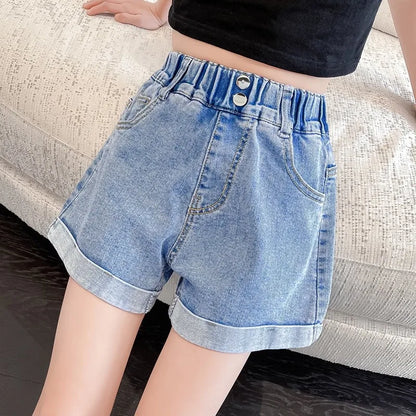 1 pz Pantaloncini di jeans estivi per bambina, a vita media, per neonate e adolescenti, casual, classici, alla moda, larghi, morbidi, in denim.