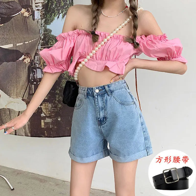 Light Blue High Waist Wide Leg A- Line Shorts Women's Denim Cuffed Hot Pants Design Sensation Casual Korean Style Cotton Shorts