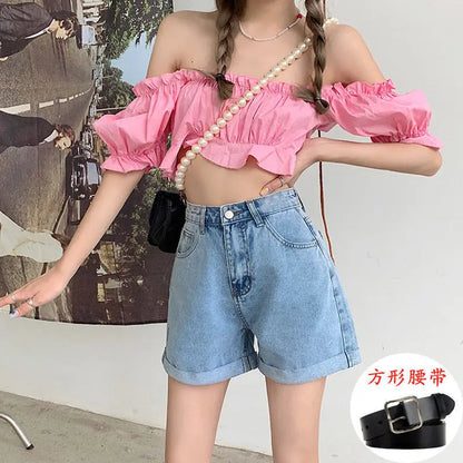 Light Blue High Waist Wide Leg A- Line Shorts Women's Denim Cuffed Hot Pants Design Sensation Casual Korean Style Cotton Shorts
