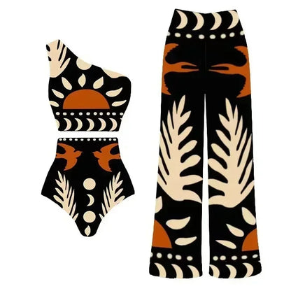 Bikini sexy a vita alta con stampa di uccelli in rete, set da 3 pezzi, costume da bagno intero alla moda con intagli, nuovo pareo da spiaggia 2024, monokini