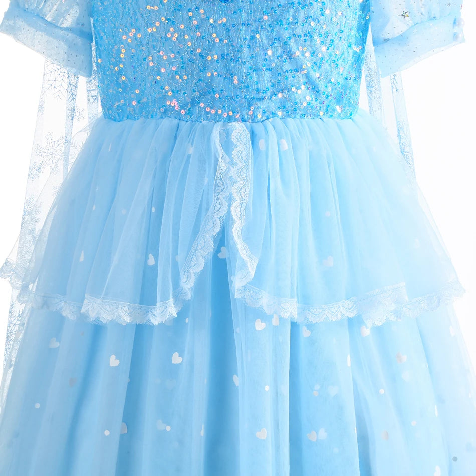 Abito da principessa Elsa per cosplay, blu, in rete con paillettes, per bambina, ideale per feste di compleanno, carnevale e Halloween, adatto a bambini dai 2 ai 10 anni.