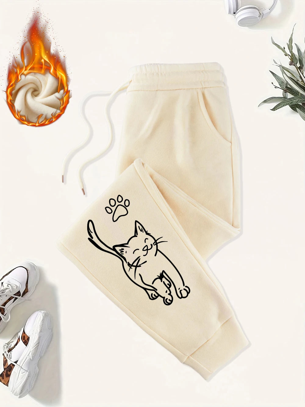 Cute Cat And Paw Print Prints Sweatpants Women Basics Jogger Pants Comfortable Fleece Loose Trousers Autumn Winter Woman Clothes