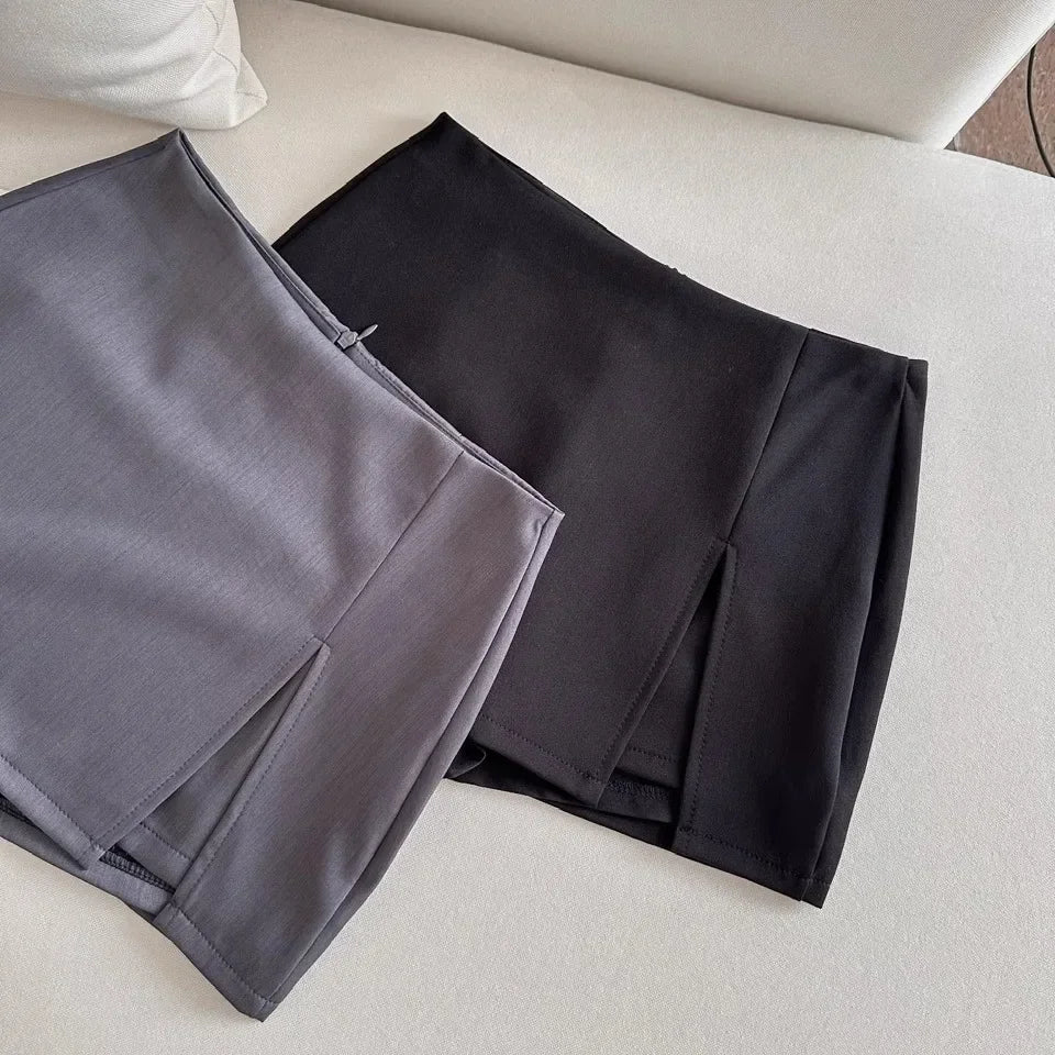 Slim Fit A- Line Mini Skirt with Slits for Women Summer Business Casual Anti-Light Short Skirt Trendy Polyester Fiber