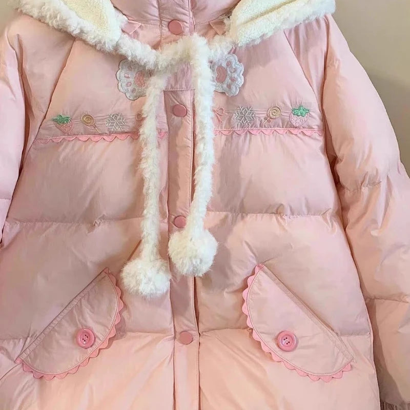 Pink Kawaii Lolita Style Women Parka Japanese Cute Embroidery Bunny Ears Hooded Jacket Loose Plush Velvet Lined Down Padded Coat