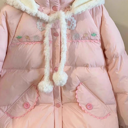 Pink Kawaii Lolita Style Women Parka Japanese Cute Embroidery Bunny Ears Hooded Jacket Loose Plush Velvet Lined Down Padded Coat