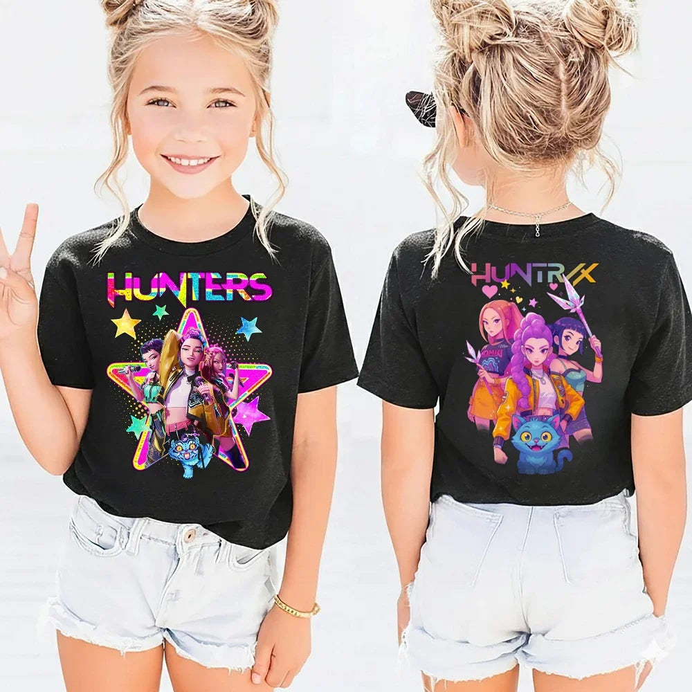 T-shirt per bambini in puro cotone con stampa fronte-retro a tema K-Pop "Demon Hunters" di HUNTRX, un vero successo di vendite.