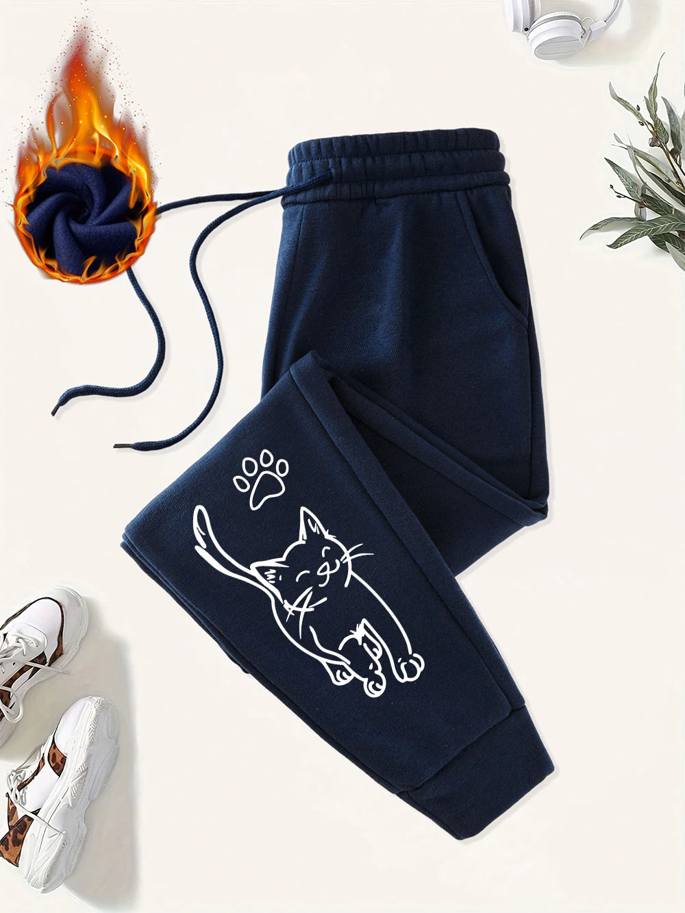 Cute Cat And Paw Print Prints Sweatpants Women Basics Jogger Pants Comfortable Fleece Loose Trousers Autumn Winter Woman Clothes