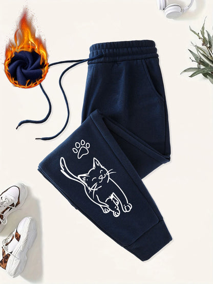 Cute Cat And Paw Print Prints Sweatpants Women Basics Jogger Pants Comfortable Fleece Loose Trousers Autumn Winter Woman Clothes