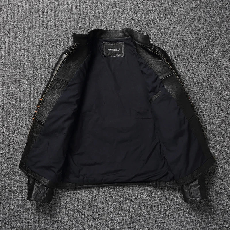Giacca da motociclista slim oversize da uomo in pelle bovina con ricamo a teschio, modello 2023, primo strato.