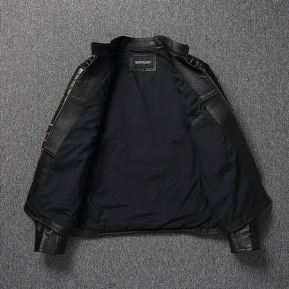 Giacca da motociclista slim oversize da uomo in pelle bovina con ricamo a teschio, modello 2023, primo strato.